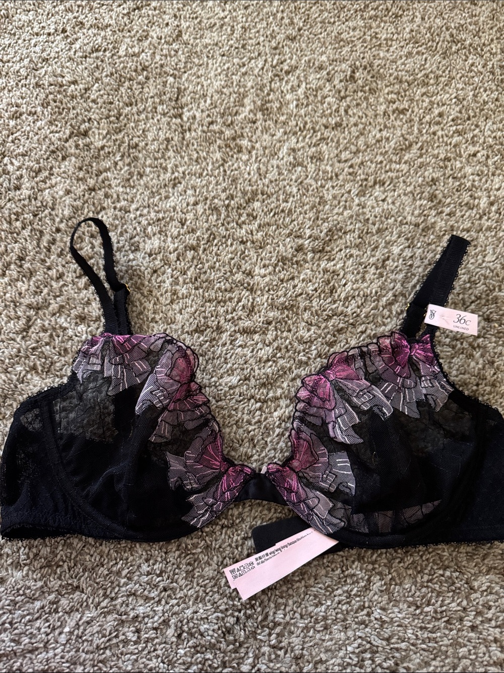Victoria's Secret Black Bra with Pink & Purple Floral Lace